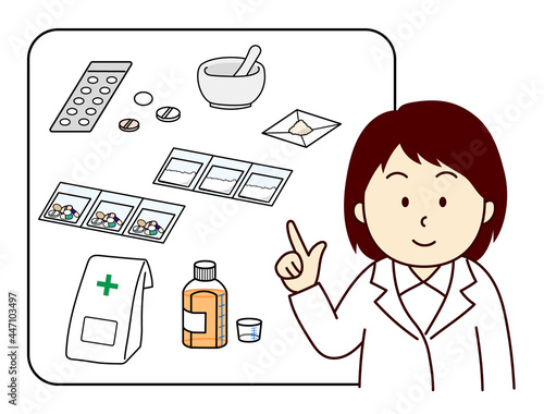 薬の説明をする若い女性薬剤師