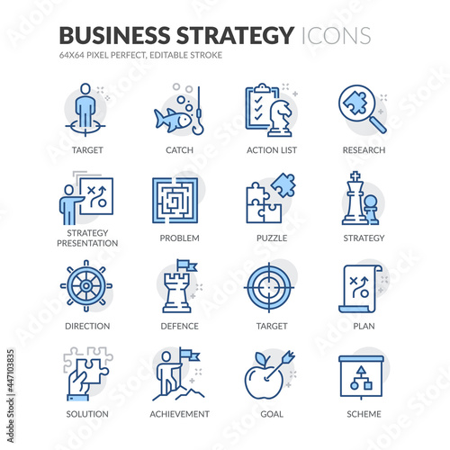 Simple Set of Business Strategy Related Vector Line Icons.  Contains such Icons as Action List, Research, Solution and more. Editable Stroke. 64x64 Pixel Perfect.