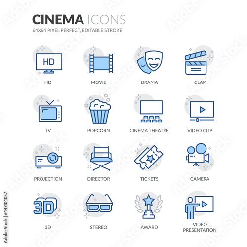 Simple Set of Cinema Related Vector Line Icons.  Contains such Icons as Movie Clip, Popcorn, Tickets and more. Editable Stroke. 64x64 Pixel Perfect.