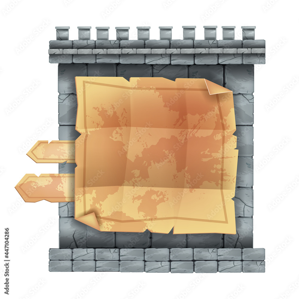 Ancient stone castle wall game menu, UI rock sign board panel, old ...