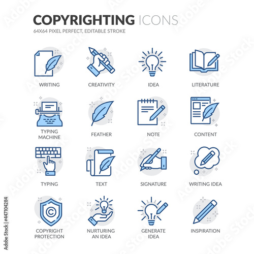 Simple Set of Copyrighting Related Vector Line Icons.  Contains such Icons as Typing Machine, Signature, Creative Process and more. Editable Stroke. 64x64 Pixel Perfect.