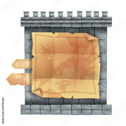 Ancient stone castle wall game menu, UI rock sign board panel, old parchment, gray boulder tiles. 2D web interface background, medieval papyrus, isolated on white. Fantasy stone game design element