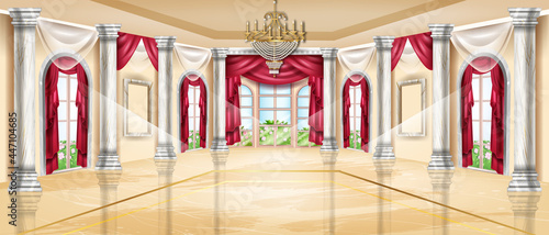 Royal palace ballroom interior background, medieval castle hall, marble pillar, chandelier, window arch. Vintage luxury wedding banquet room, column, floor reflection, curtain. Grand palace ballroom