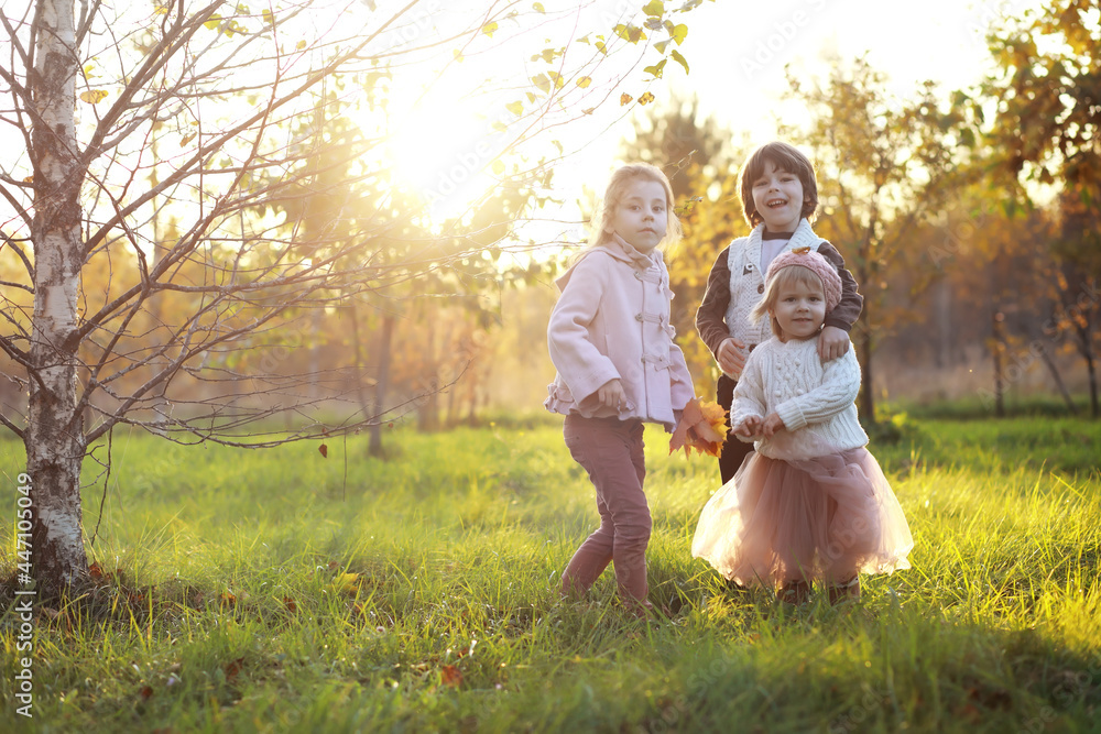 Fototapeta premium Young family on a walk in the autumn park on a sunny day. Happiness to be together.