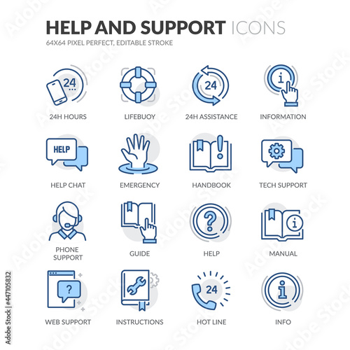 Simple Set of Help And Support Related Vector Line Icons.  Contains such Icons as Handbook, Online Help, Tech Support and more. Editable Stroke. 64x64 Pixel Perfect.