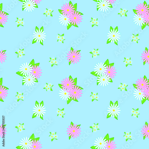 Seamless floral pattern. Flowers texture. Daisy and camomile. Pink, blue, white, green colors. 