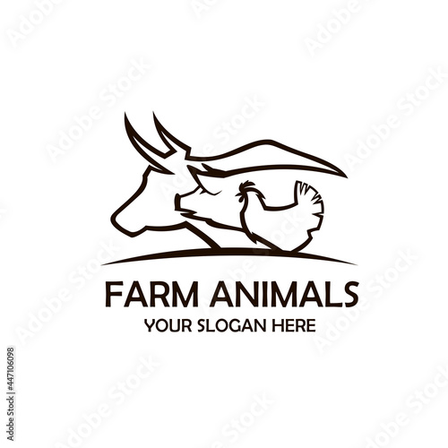 label of farm animals cow, chicken and pig isolated on white background