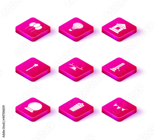 Set Magic ball, Popcorn in cardboard box, wand, Seesaw, Carnival garland with flags, High striker attraction big hammer, Ticket office and Hot air balloon icon. Vector