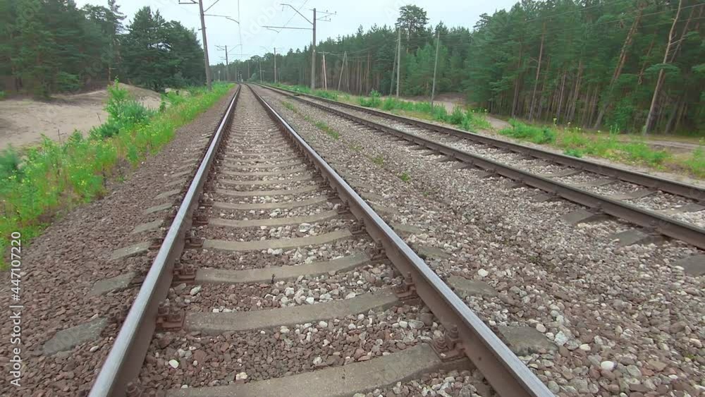 Moving Forward Along the Railroad Going Through the Pine Forest. European Railway for Electric Train - Smooth Movement on Gimbal Stabilizer Moving Forward Along the Railroad Going Through the Pine Forest. European Railway for Electric Train - Smooth Movement on Gimbal Stabilizer