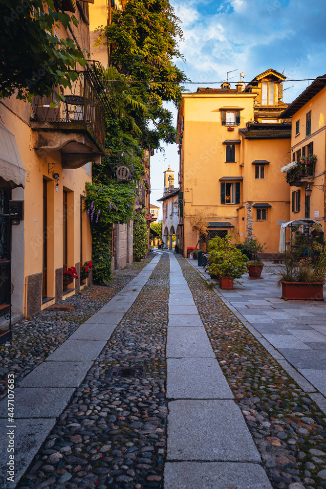 Orta San Giulio / Italy - June 2021: Main street of the village of Orta San Giulio, without people