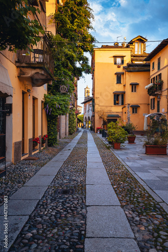Fototapeta Naklejka Na Ścianę i Meble -  Orta San Giulio / Italy - June 2021: Main street of the village of Orta San Giulio, without people
