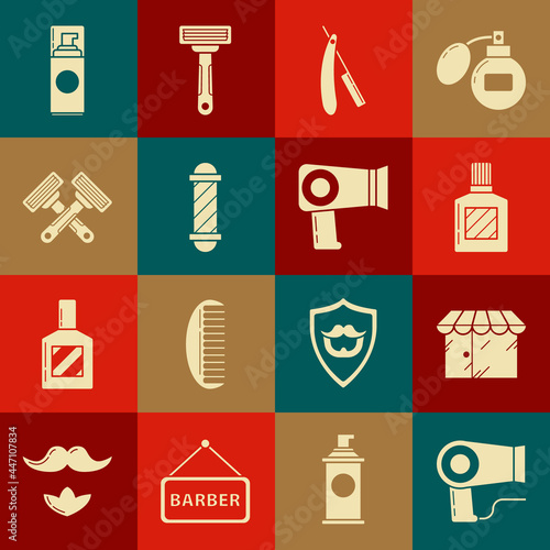 Set Hair dryer, Barbershop building, Aftershave, Straight razor, Classic pole, Crossed shaving, Shaving gel foam and icon. Vector