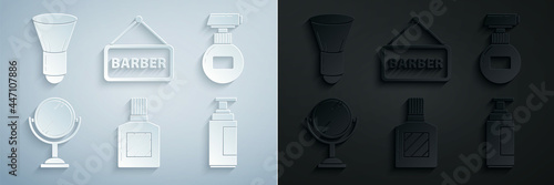 Set Aftershave, Cream or lotion cosmetic tube, Hand mirror, Barbershop and Shaving brush icon. Vector