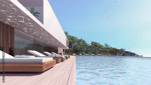 Modern luxury house exterior with swimming pool and deck chairs 3D Rendering  3D Illustration