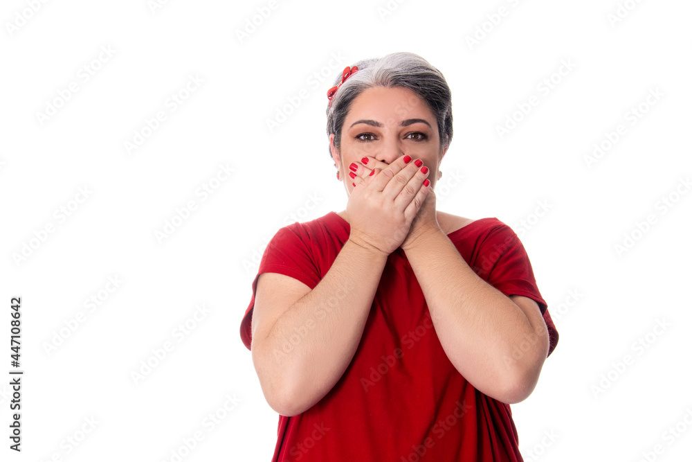 Diversity of people chubby young lady with white hair and hands covering her mouth wearing red outfit on white background Diversity of people chubby young lady with white hair and hands covering her mouth wearing red outfit on white background