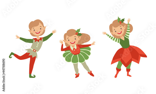 Happy Kids in Christmas Elf Costumes Set, Xmas Elves Santa Claus Helpers Cartoon Vector Illustration