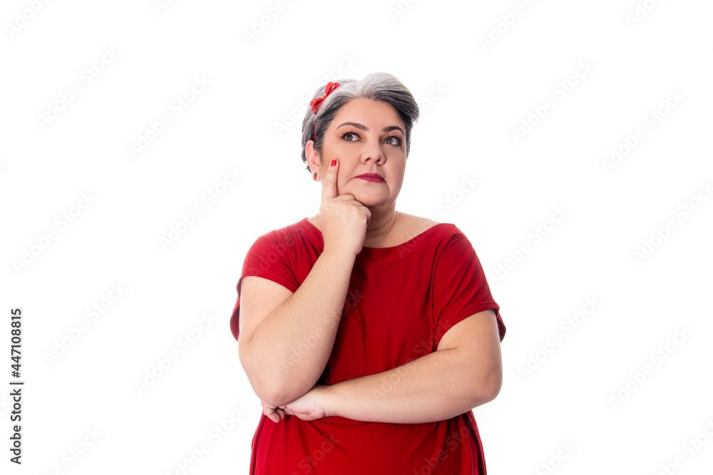 People diversity young chubby lady with white hair thoughtful wearing red outfit on white background. People diversity young chubby lady with white hair thoughtful wearing red outfit on white background.