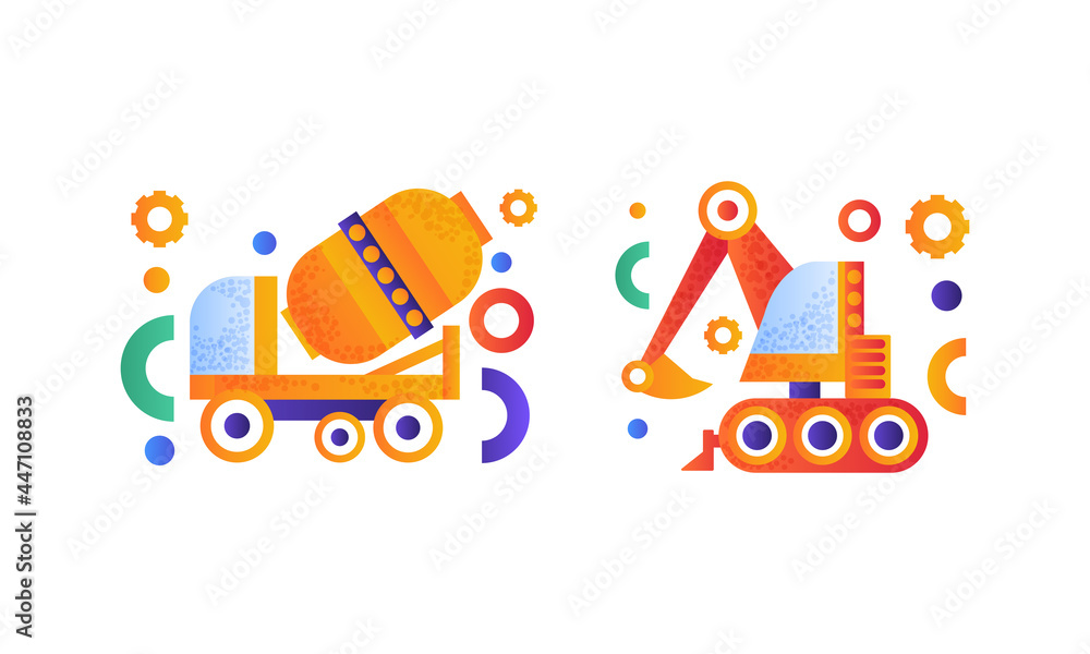 Naklejka premium Heavy Industrial Machinery Set, Concrete Mixer Truck and Excavator Flat Vector Illustration