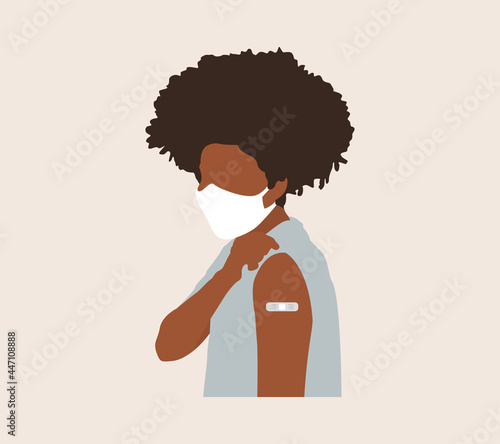 People Showing Vaccinated Arm. Vaccine distribution for general population concept illustration.  Process of immunization against covid-19.  Healthcare, coronavirus, prevention and immunize.
