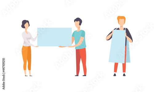 People Holding Empty Blank Banners Set, Man and Woman Showing Blank Signboards Flat Vector Illustration