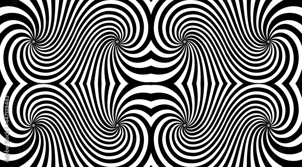 Effect of distorted radial rays. Optical hypnotic black and white spiral spin vivid design. Abstract op art graphic design. The illusion of torsion rotation movement.