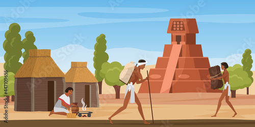 Aztec village landscape with tribe people, ancient maya civilization vector illustration. Cartoon altar pyramid building, walking mayan aztec characters among hut houses, woman cooking food background