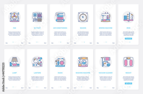 Home electronic appliances vector illustration. UX, UI onboarding mobile app page screen set with line climate control room equipment, conditioner, vacuum cleaner, washing machine to clean house
