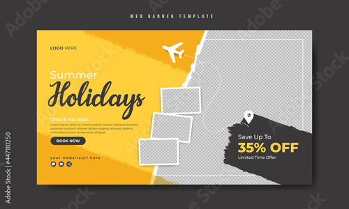 Travel banner template design for business marketing in social media and web. Travelling, tour and tourism promotion video thumbnail. Summer beach holiday flyer background with abstract graphic.     