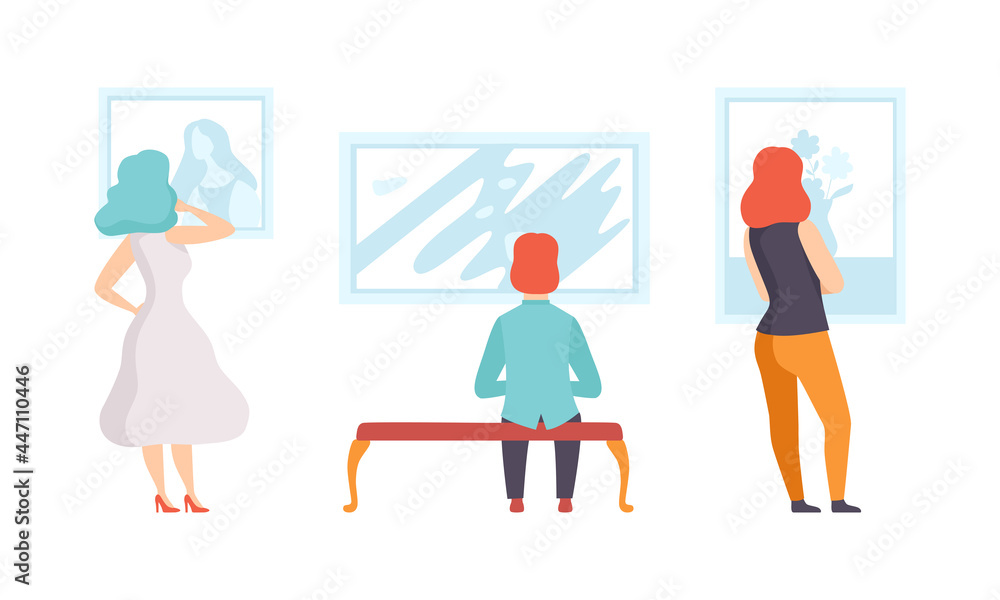 Art Gallery with Visitors, People Looking Paintings Hanging on Wall at Exhibition or Museum Flat Vector Illustration