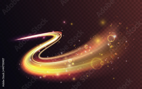 Luminous neon shape wave, abstract light effect vector illustration. Wavy glowing bright flowing curve lines, magic glow energy stream motion with particle isolated on transparent black background.