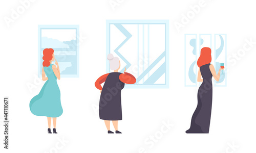 Art Gallery, Back View of Visitors Looking Paintings Hanging on Wall Flat Vector Illustration