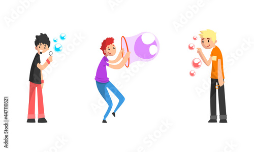 Teenage Boys Blowing l Soap Bubbles Set Cartoon Vector Illustration