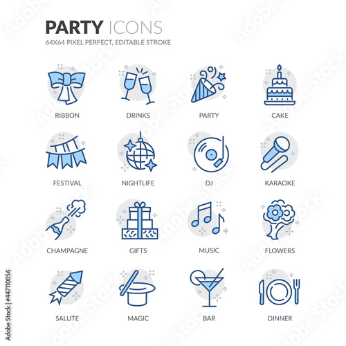 Simple Set of Party Related Vector Line Icons.  Contains such Icons as Festival, Karaoke, Music and more. Editable Stroke. 64x64 Pixel Perfect.