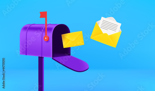 Fotografia Opened mail box with flying letters. Receiving mail concept