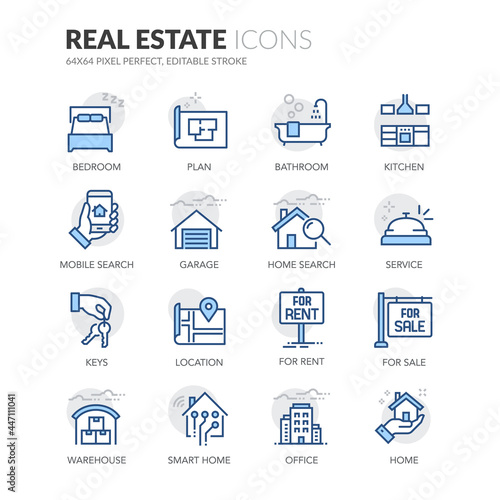Simple Set of Real Estate Related Vector Line Icons.  Contains such Icons as For Rent Sign, Office, Location and more. Editable Stroke. 64x64 Pixel Perfect.