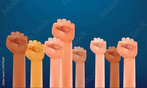 Different race men fists up in the air. Strike or human power concept