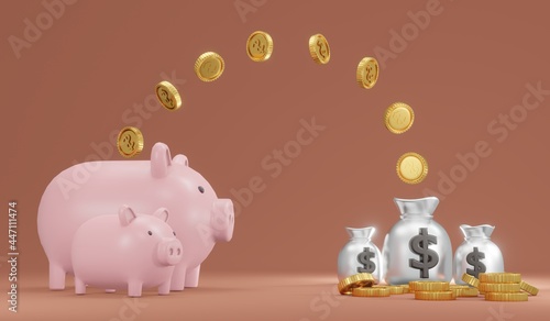 3D Rendering concept of investment, savings. Big and small piggy banks with coins and money bags on background for commercial design. 3D Render. 