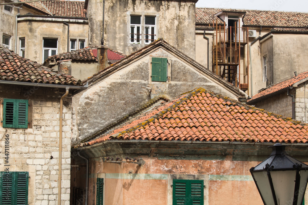 Close-up on old town houses. Kotor. Montenegro.