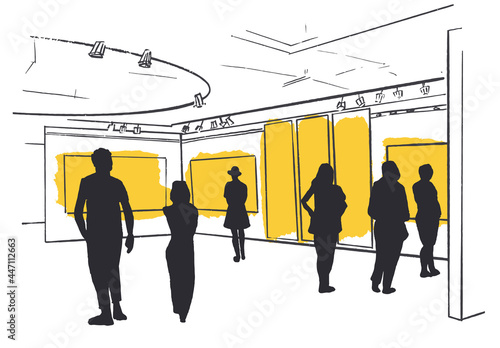 People looking modern paintings at contemporary art gallery. Tourists watching exhibits in museum. Sketch style vector illustration