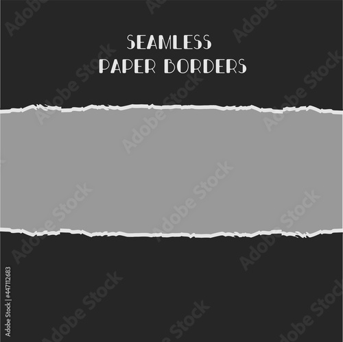 Torn, ripped pieces of horizontal black paper on grey background for text. Vector illustration.