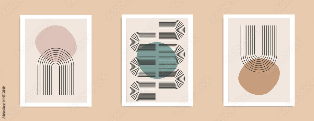 Set of abstract contemporary mid century posters with geometric shapes. Design for wallpaper, background, wall decor, cover, print, card, branding. Modern boho minimalist art. Vector illustration. Set of abstract contemporary mid century posters with geometric shapes. Design for wallpaper, background, wall decor, cover, print, card, branding. Modern boho minimalist art. Vector illustration.