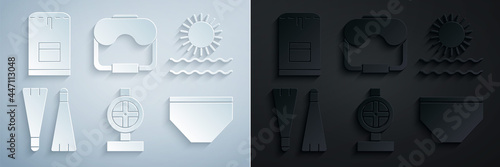 Set Industry metallic pipes and valve, Sun waves, Rubber flippers for swimming, Swimming trunks, Diving mask and Backpack icon. Vector