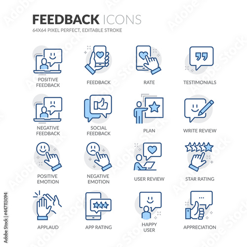 Simple Set of Feedback Related Vector Line Icons.  Contains such Icons as Review, Rating, Testimonials and more. Editable Stroke. 64x64 Pixel Perfect.