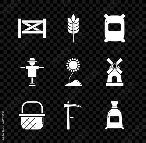 Set Garden fence wooden, Cereals with rice, wheat, corn, oats, rye, Bag of flour, Shopping basket, Scythe, Scarecrow and Sunflower icon. Vector