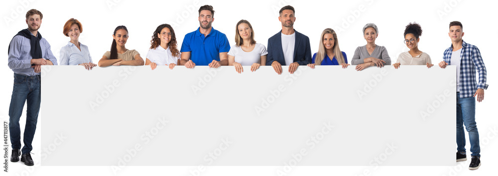 Group of people holding blank sign Group of people holding blank sign