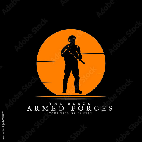 Military Lieutenant Silhouette, Armed Forces with logo design carrying firearms