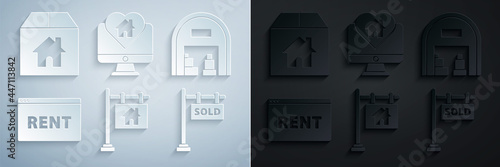 Set Hanging sign with text Sale, Warehouse, Online Rent, Sold, Monitor heart shape and Cardboard box icon. Vector