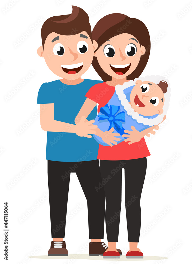 Parents mom and dad hug the newborn. The character Parents mom and dad hug the newborn. The character