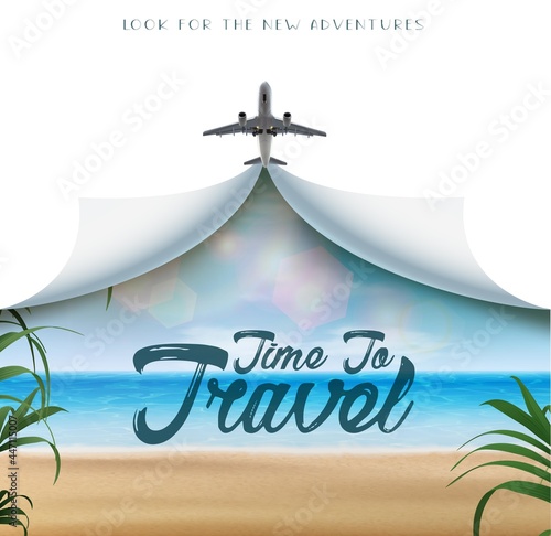 Time to travel realistic vector banner with white copy space and airplane and tropical beach view with leaves, plants and beach with sand and ocean.