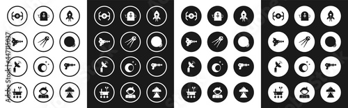 Set Rocket ship with fire, Satellite, Ray gun, Cosmic, Planet, Alien, and Radar icon. Vector